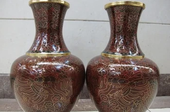 

Chinese Royal Palace Copper Gild cloisonne Dragon phoenix Play Bead Vase Pair
