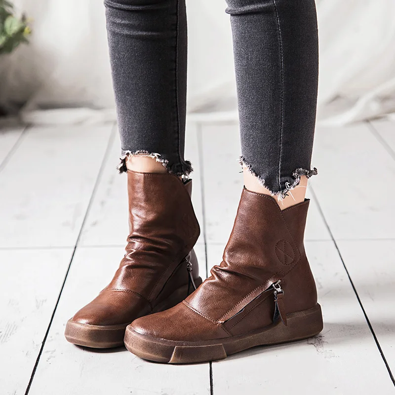 DRKANOL/; винтажные женские ботинки из искусственной кожи; модные однотонные Черные ботильоны на плоской подошве с двойной молнией; женские зимние теплые ботинки