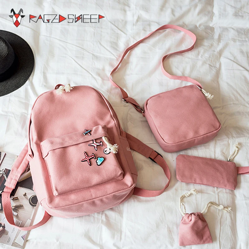 

Raged Sheep 4Pcs/Set Korean Casual Women Backpacks Canvas Book Bags Cute Plane Badge Schoolbag for Teenage Girls Composite Bag