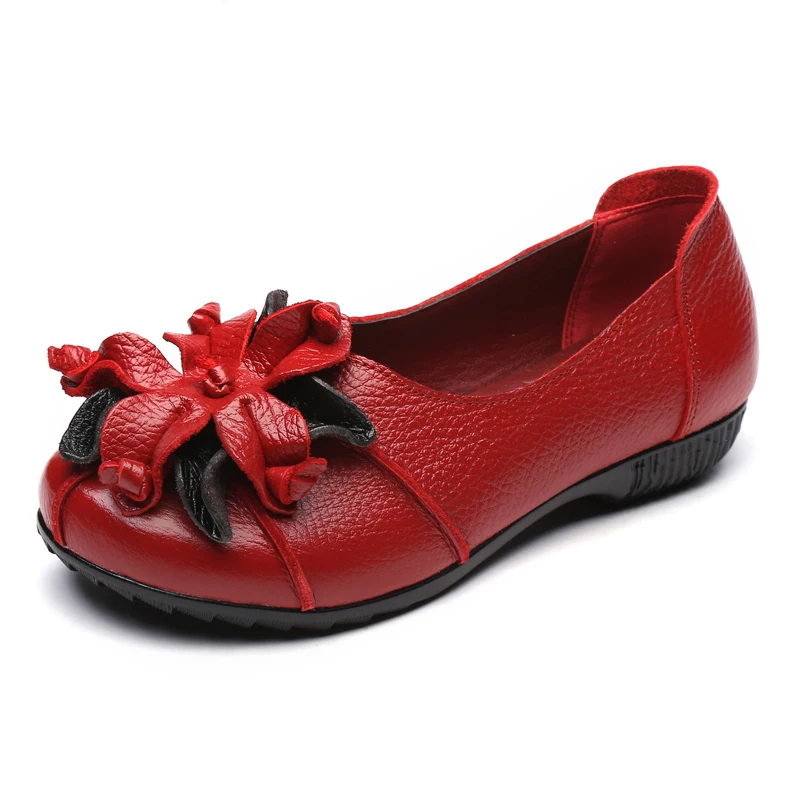 Cuir Noir rouge vert À Chaussures Femmes Beckywalk jaune En Femme Ballet Fleurs Wsh2941 Style La National Occasionnels Véritable D'été Main Rétro Appartements Plat qxFwAH4