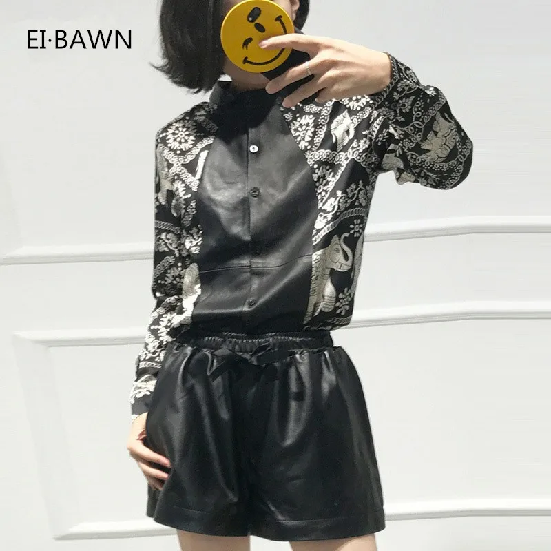

Sale 2019 Women Tops And Blouses with Genuine Leather Black Long Sleeve Korean Fashion Blouse Women Plus Size Tops Autumn Autumn