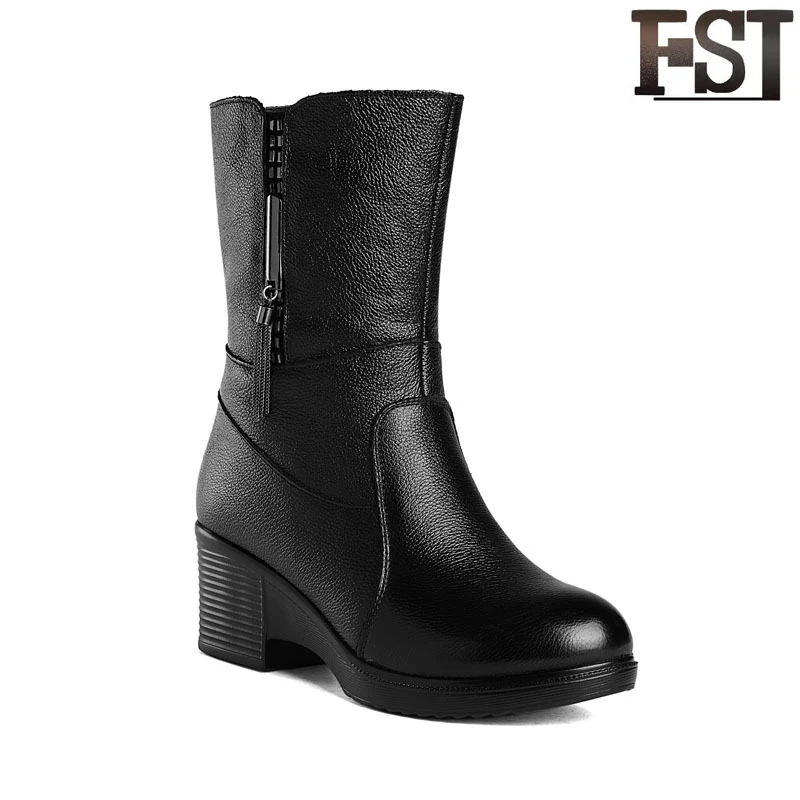 Dames Fsj Cuir Épais Matures D'hiver Solide Rond Chaussures En Mi Zip Bottes Noir Printemps Peluche Véritable Femme Talons 2019 Fsj01 Bout mollet HrTBfH