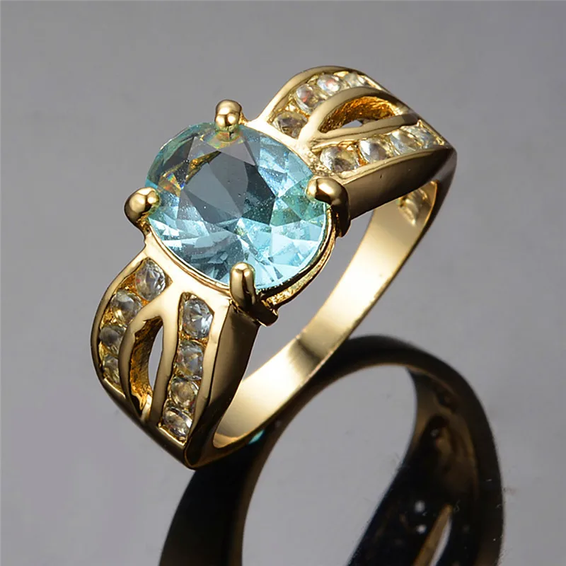 JUNXIN женское модное ювелирное Овальный свет кольца с синим камнем для женщин/мужчин 10KT желтое Золотое заполненное белое CZ AAA циркон обручальное кольцо