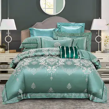 

Luxurious Embroidery Egyptian Cotton 4pcs Purple Blue Queen Bed Quilt Cover Super Soft Bed Sheet Pillow Cover
