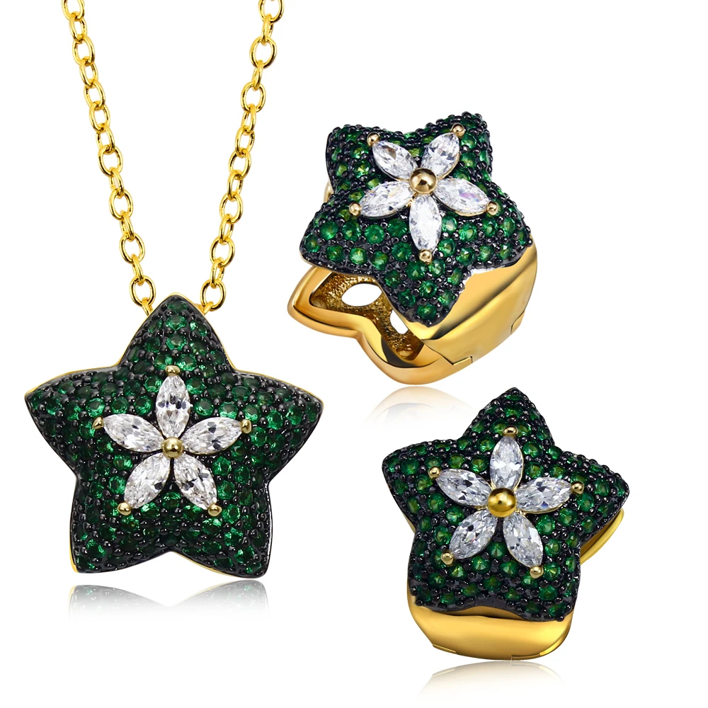 

Gorgeous Star Shape Pendant Chain Necklace Clip earrings Color Stones CZ High quality Gift jewerly Ladies Designer Earring set