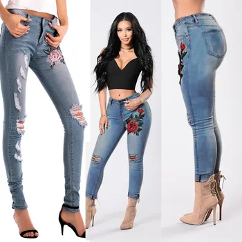 

Women Skinny Ripped Hole Jeans Pants High Waist Stretch Slim Pencil Trousers 0629