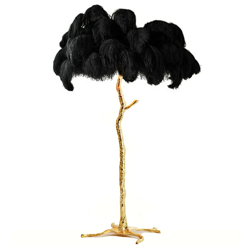 Современные Простые страусиные перья медная Напольная Лампа медная стоящая лампа для гостиной спальни освещение домашний декор освещение в помещении - Цвет абажура: Черный