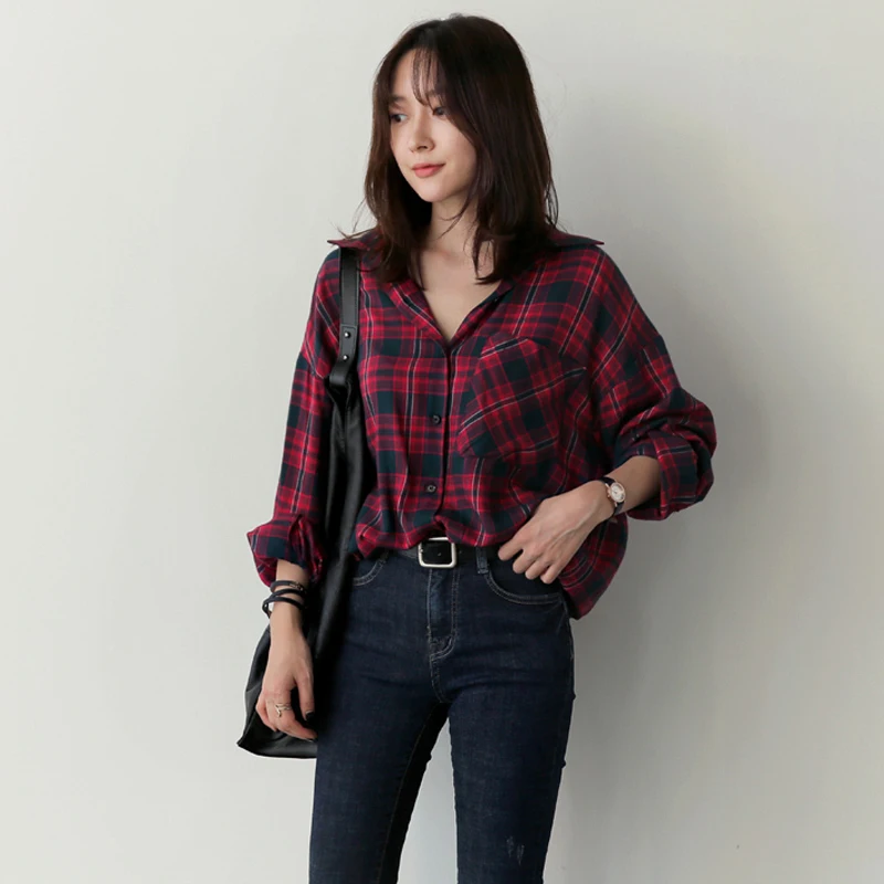 

Blusas y Camisas Mujer Casual Plaid Shirt Women Tops Pockets Blouses Fashion Blouse Office Long Sleeve Shirts Vetement Femme