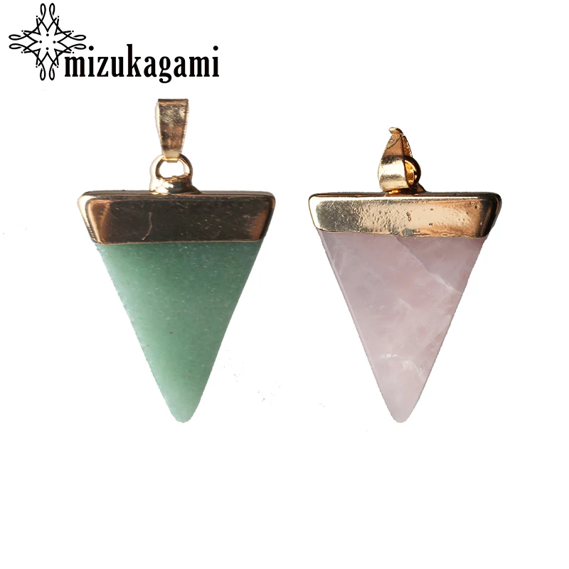 

1pcs/lot 25*42mm Golden Copper Bound Natural Stone Green Aventurine Triangle Big Pendant For DIY Jewelry Finding Accessories