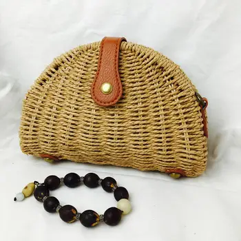 

Vintage Travel Beach Women Semicircle Shape Small Crossbody Shoulder Straw Bag Handbag