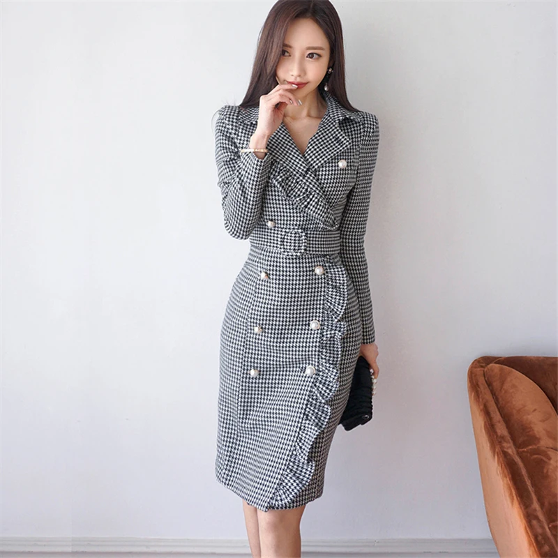 

2018 New Women's Spring Korean OL Temperament Slim Houndstooth Double Breasted Ruffle Dress Autumn Plaid Dresses Women Z429