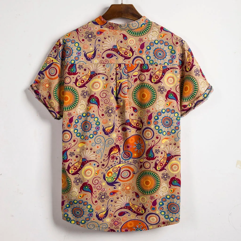 Летняя мужская рубашка уличная гавайская рубашка с коротким рукавом этнические топы с принтом Повседневная хлопковая льняная свободная Блузка Camisa masculina