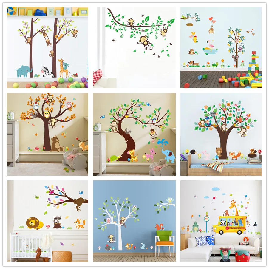 

% Forest Animals Tree wall stickers for kids room Monkey owl Jungle wild Children Wall Decal Nursery Bedroom Decor Poster Mural