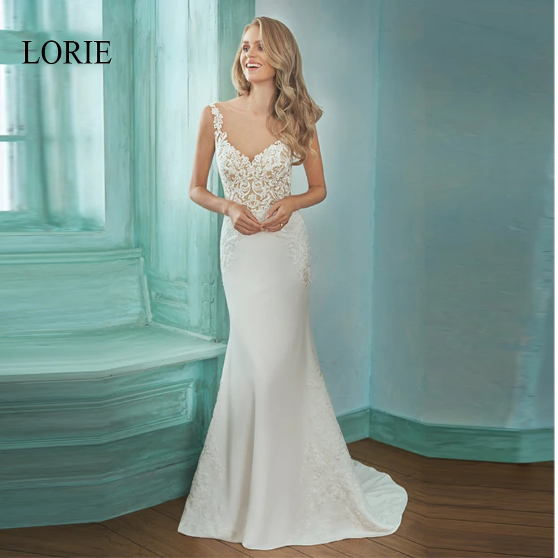 

LORIE Illusion Neckline Soft Stain Sexy Mermaid Wedding Dress Sleeveless Bride Dress Romantic Wedding Gowns Custom Party Dress