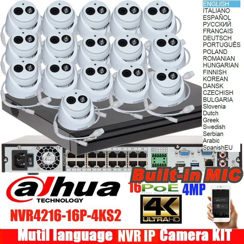 Mutil язык 16ch POE камера комплект NVR4216-16p-4ks2 4mp IP камера IPC-HDW4433C-A аудио IP камера системы товары теле и видеонаблюдения