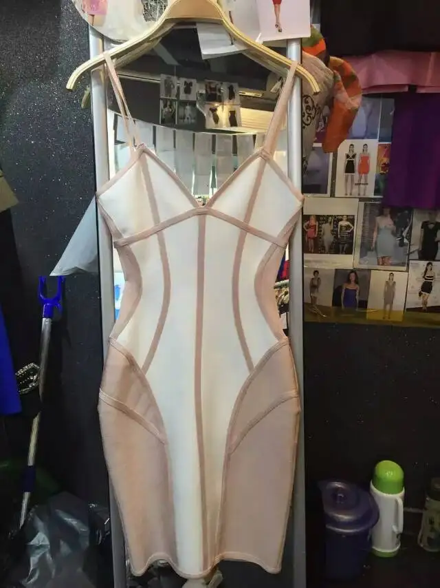 

2015 High Quality newest Sleeveless WHITE NUDE Spaghetti Strap STRAPPY ILLUSION cut out BANDAGE DRESS v neck Dresses wholesale