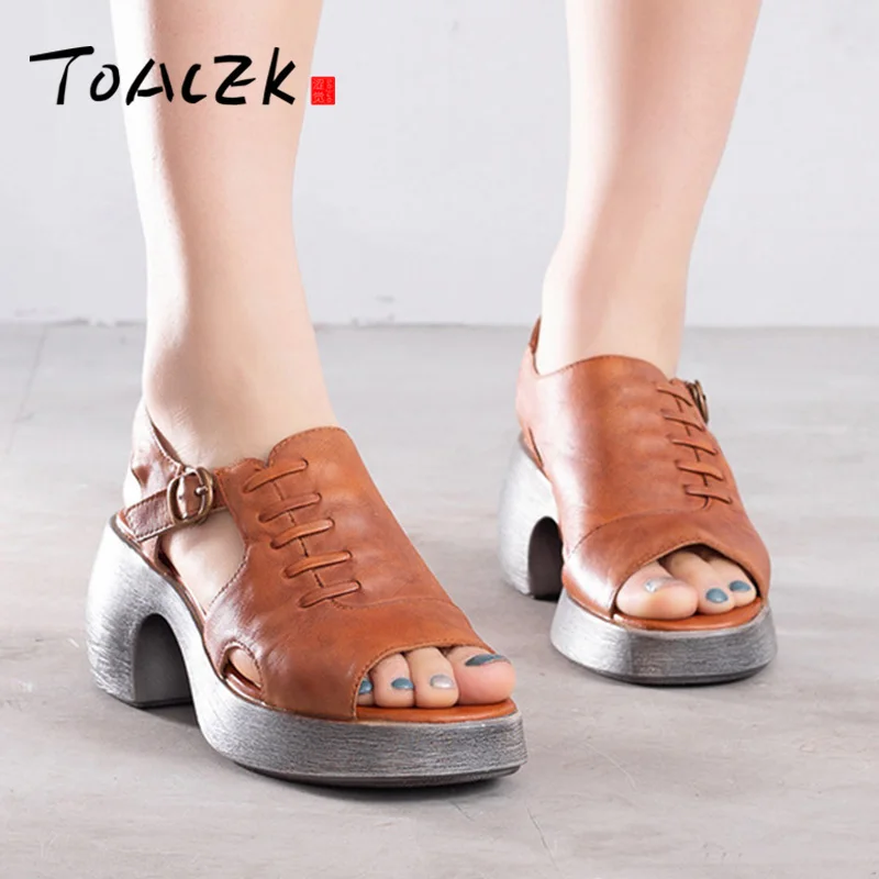 

New rough sandals Women's summer open toe casual ride with women's shoes cowhide slope heel buckle Roman Shoes