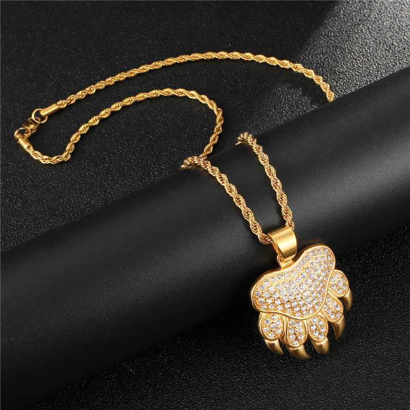 

HIP Hop Stainless Steel Full Rhinestone Paw Pendant Necklaces Bling Gold Color Iced Out Necklace for Men Jewelry Dropshipping