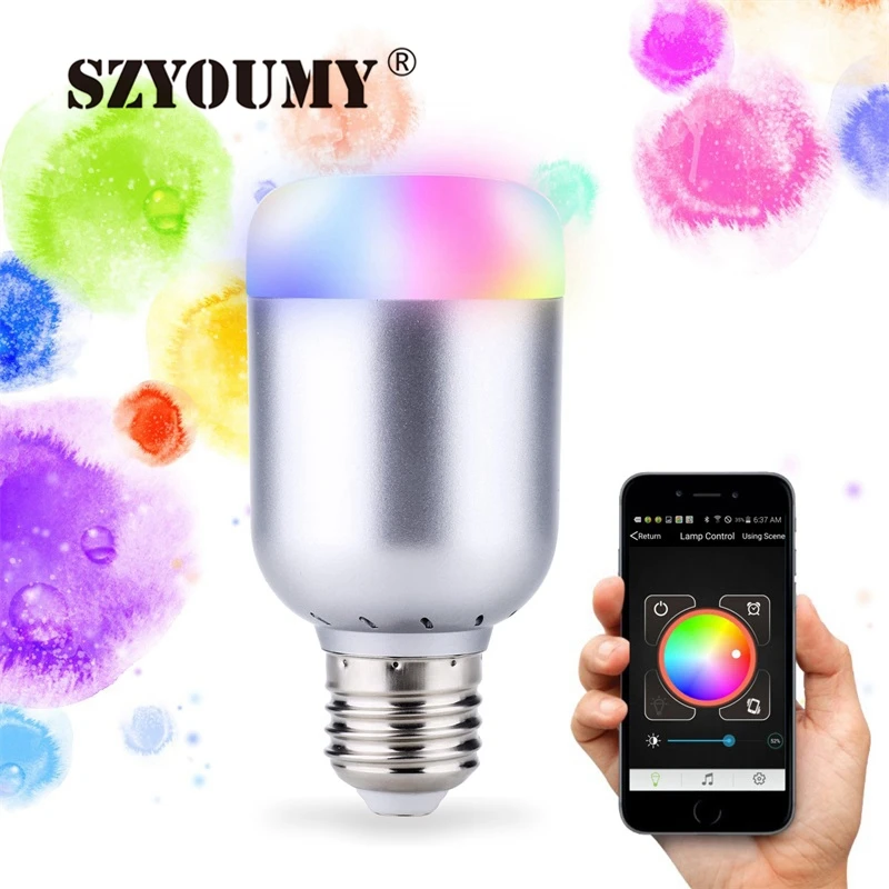 

SZYOUMY E27 Bluetooth 4.0 Smart Light Bulb RGBW 4000K Nature White Music Wakeup Dimmable LED Lamp 6W for App iOS Android Phone
