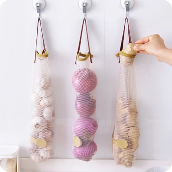 

3 PCS Mesh Net Breathable Fruit Vegetable Garlic Onion Hanging Storage Bag Reusable Mesh Bags Organizer Home Kitchen Accessories