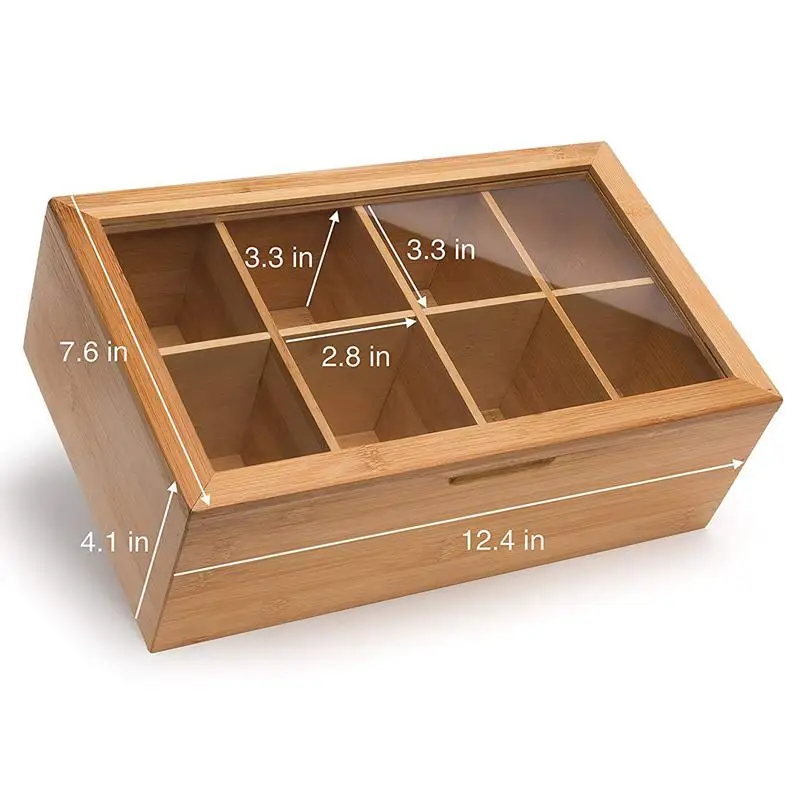 Бамбуковая коробка для хранения чая, более высокий размер вмещает 120+ стоячие или плоские чайные пакетики, 8 регулируемых нагрудных отделений