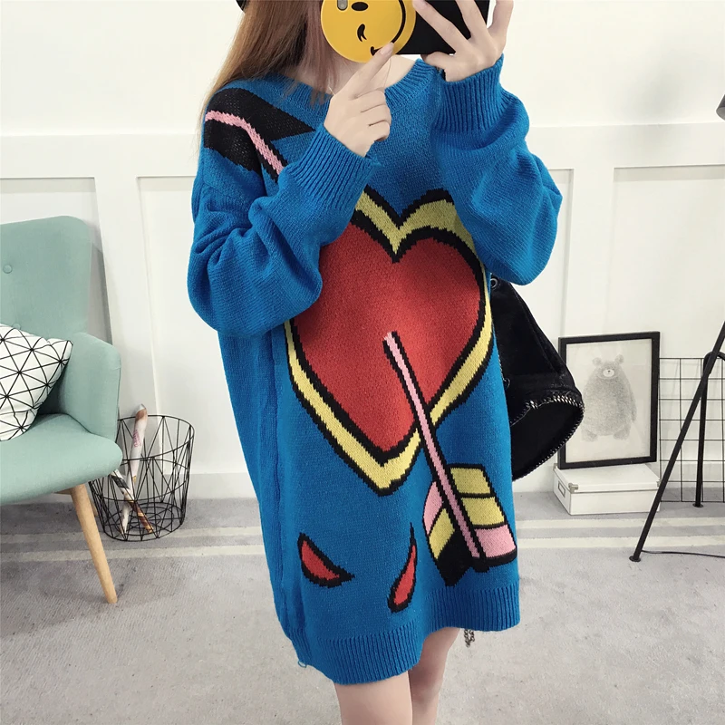 

Funny Graphic Boho Jumper Pullover Women Long Sweater Korean Fashion Autumn Winter Female Oversized Heart Knit Sweater Top Femme