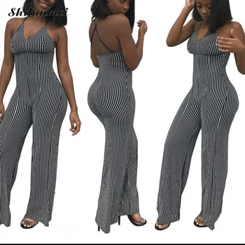 

Womens Jumpsuit Striped Print Deep V-Neck Long Wide Leg Spaghetti Strap Summer Overall Backless Beach Womens Jumpsuits S-XXl