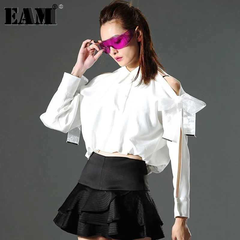 

[EAM] 2019 Customize New Spring Lapel Long Sleeve Strapless Solid Color Bow Loose Shirt Women Blouse Fashion Tide AZ20100S