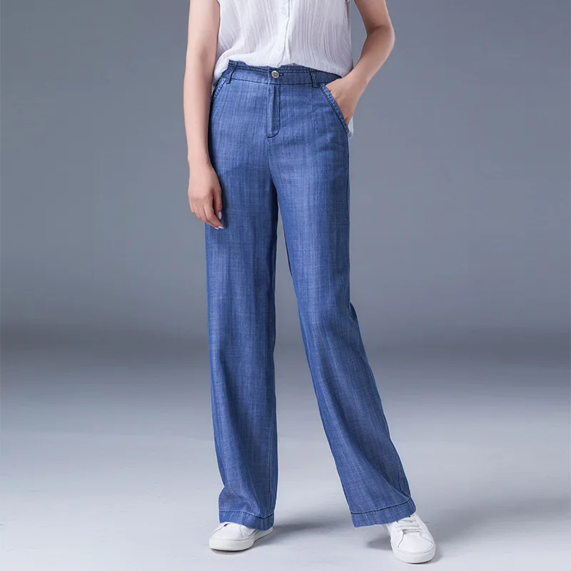 Women's Straight High Waist Tencel Cotton Jeans Female Long Wide-legged Trousers Fashion Thin Loose Leisure Elegent Jeans Blue