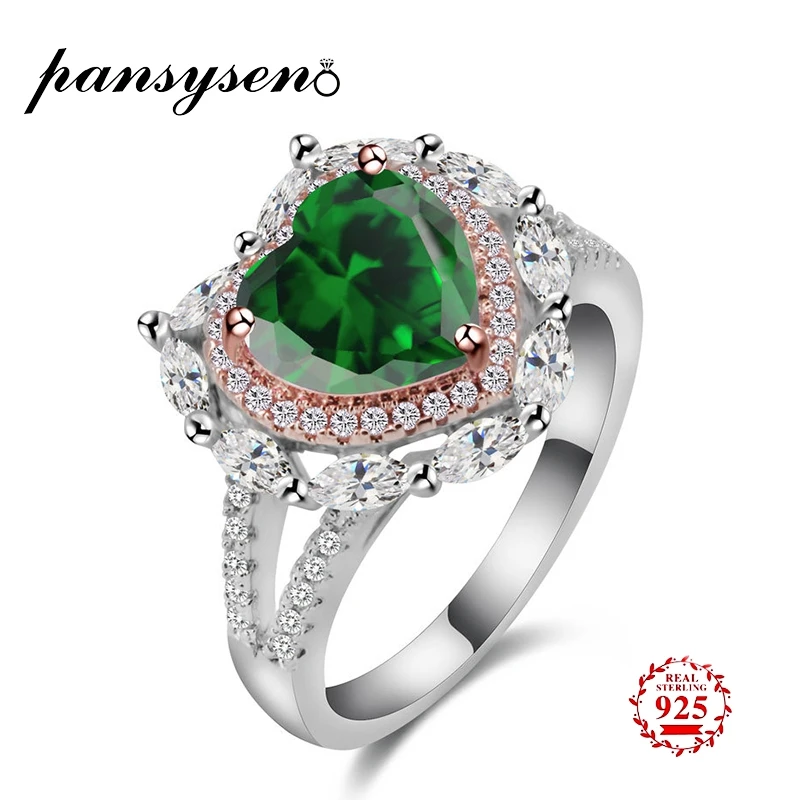 

PANSYSEN Luxury 925 Sterling Silver Rings For Wome Heart Shape Zircon Stone Emerald Gemstone Rings For Engagement Wedding Party