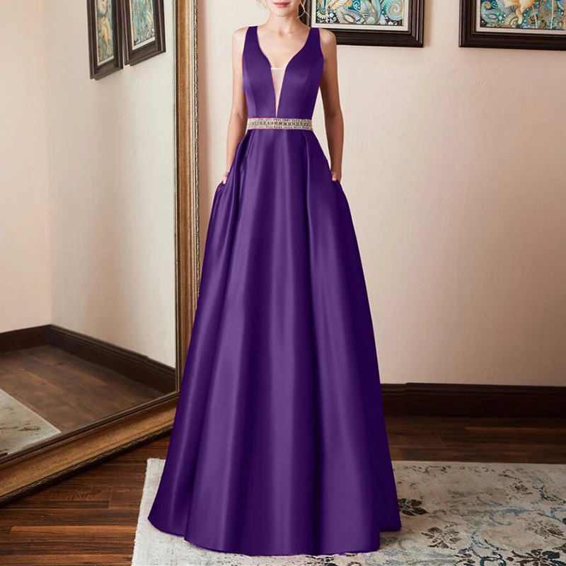

Gown Dress Bridesmaid Deep V-Neck Maxi Wedding Formal Ball Glitter Women Sparkling Backless Sleeveless