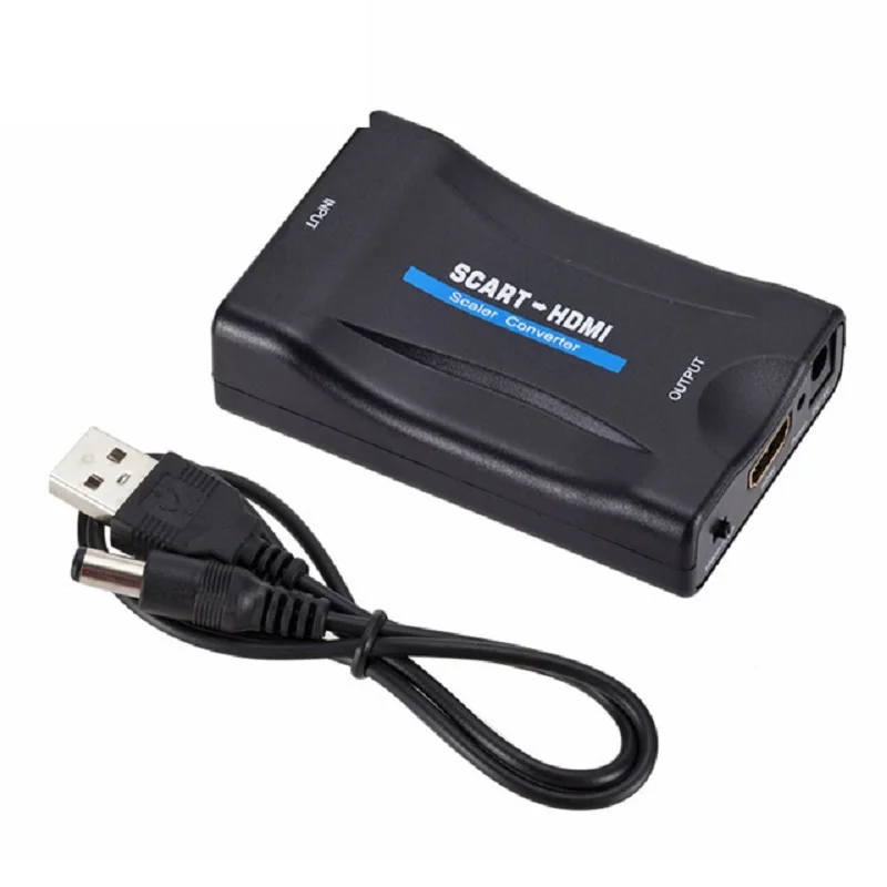 1080P SCART К HDMI видео аудио высококлассный конвертер Scaler адаптер для HD tv DVD для Sky Box STB штекер с кабелем постоянного тока - Цвет: Черный