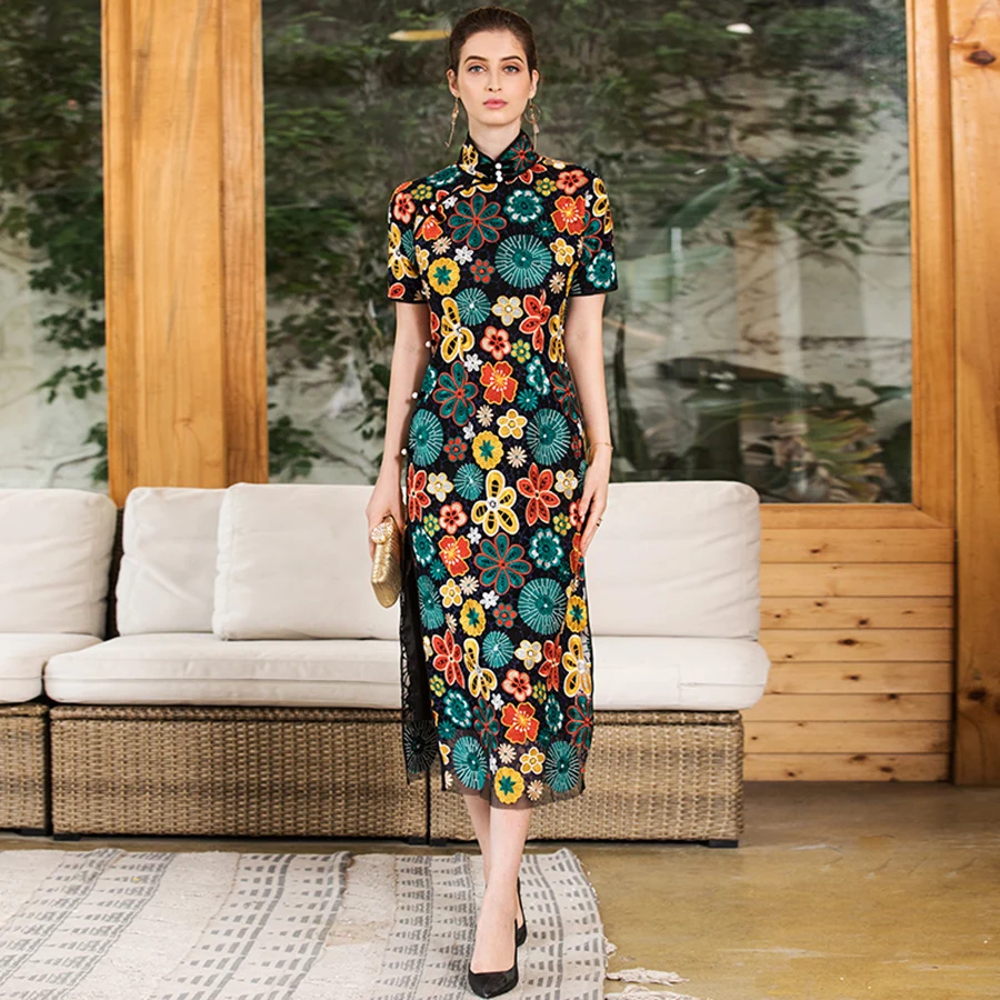 

VERDEJULIAY High Quality Bodycon Cheongsam Dress 2019 Summer New Fashion Luxury Flower Embroidery Split Slim Elegant Dress