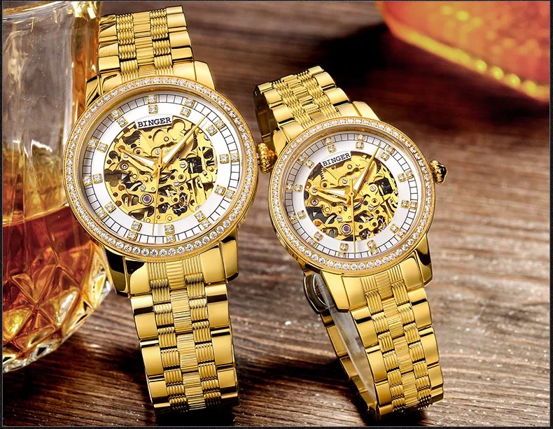 BINGER Роскошные 18k позолоченные автоматические механические часы классический полый дизайн Пара часы для мужчин и женщин B-5051G