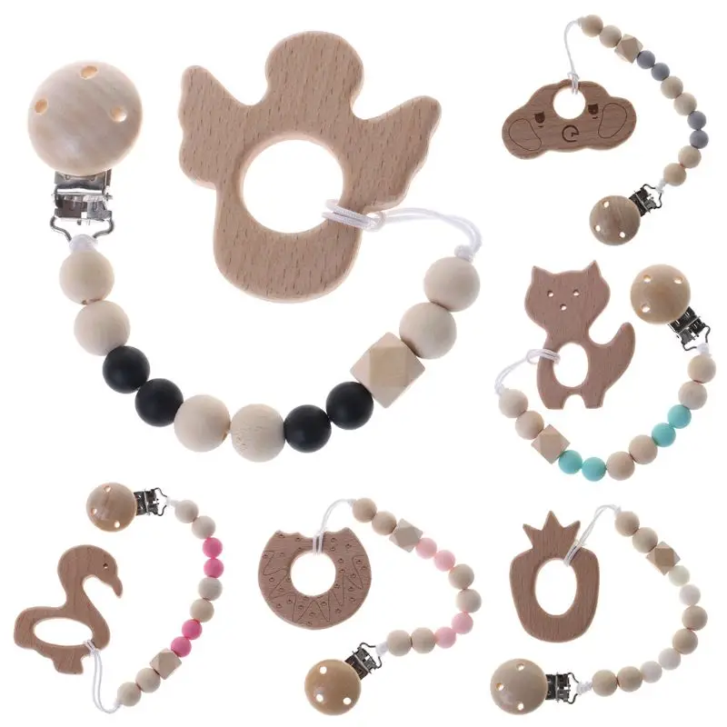 

1 Set Pacifier Clip With Teether Baby Nursing Nipple Soother Chain Wood Silicone Teething Anti Fall Strap Infant Clips Dec17