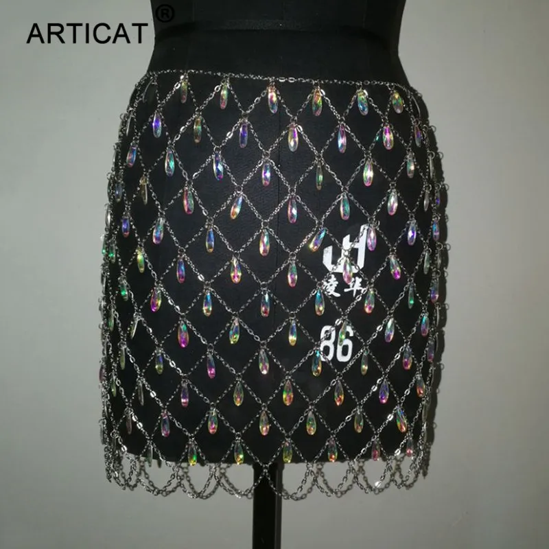 Goede Articat Metalen Glitter Crystal Diamanten Rok Vrouwen Hoge Taille Hollow Out Sequin Bodycon Mini Rok Nachtclub Party Rok Outfits