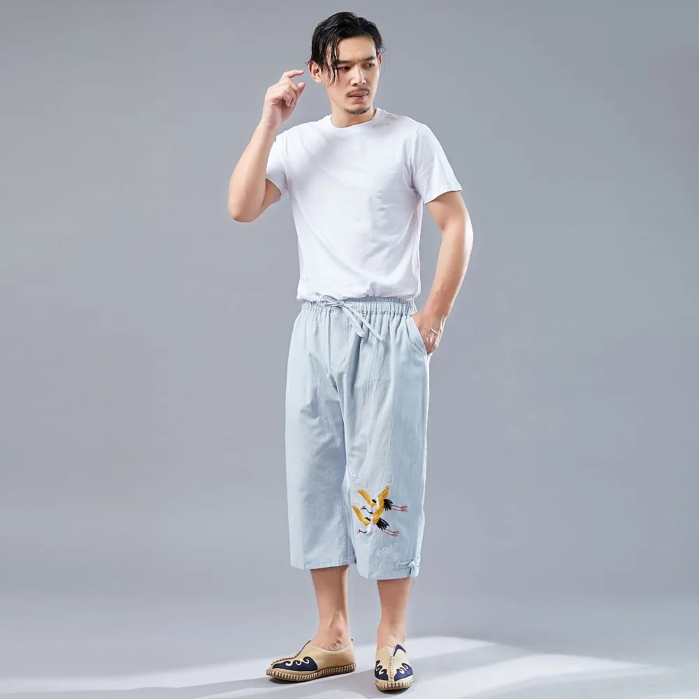 LZJN Men’s Summer 34 Pants Casual Cotton Linen Elastic Waistband Wide Leg Capri Short Bermuda Embroidery Beach Playa Hombre (29)