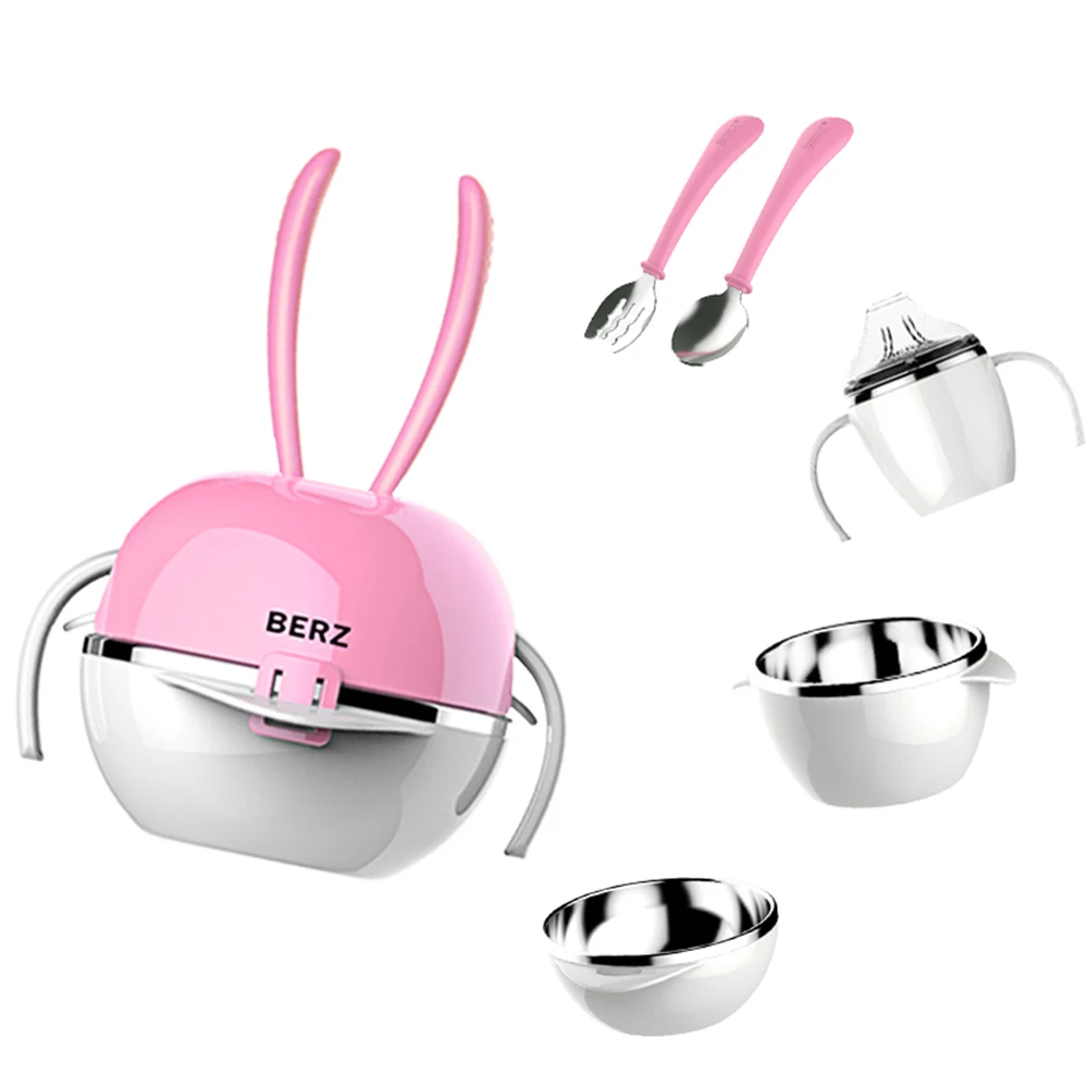 

5Pcs/set Portable Baby Tableware Kids Cups + Plates + Bowls + Fork + Spoon Stainless Steel Dinnerware Set Stack-up for Baby Care