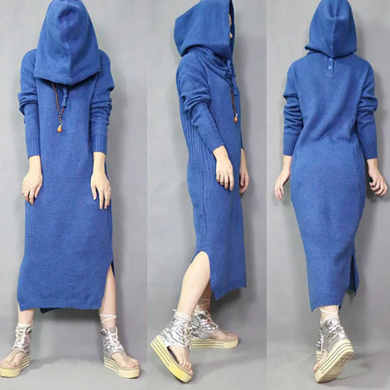 Goedkoop Gratis Verzending 2018 Fashion Persoonlijkheid Lange Mid kalf Trui Jurken Herfst En winter Dikke Blauw En Zwarte Jurken Met een Kap