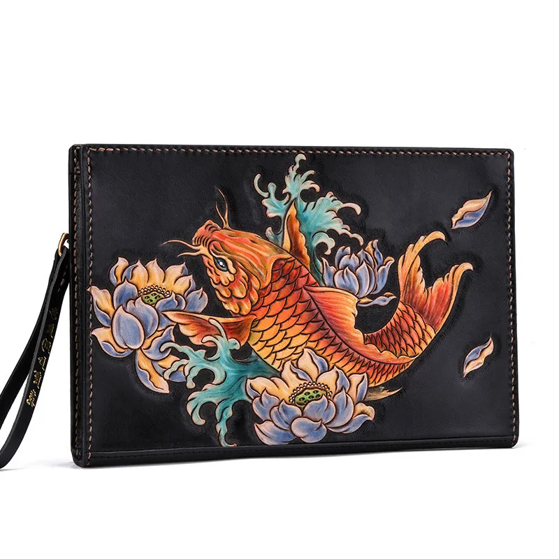 

Handmade Men Vegetable Tanned Leather Carvings Carp Bag Money Holder Clutch Purse Cigarette Pocket Man Clutches Envelope