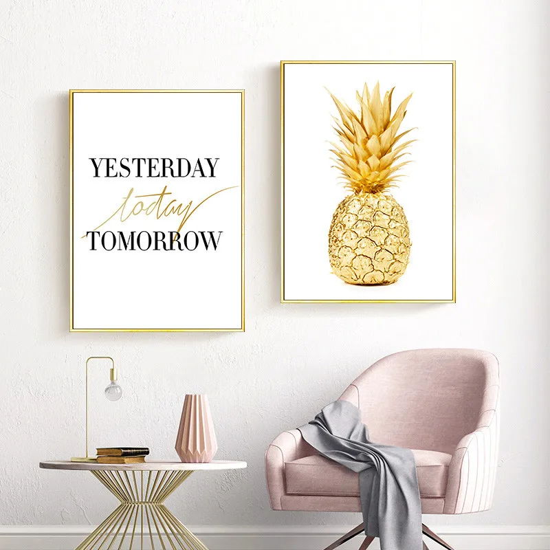 

Gold Pineapple Wall Art Canvas Painting Yesterday Today Tomorrow Wall Pictures For Living Room Nordic Poster Decoration HD2377