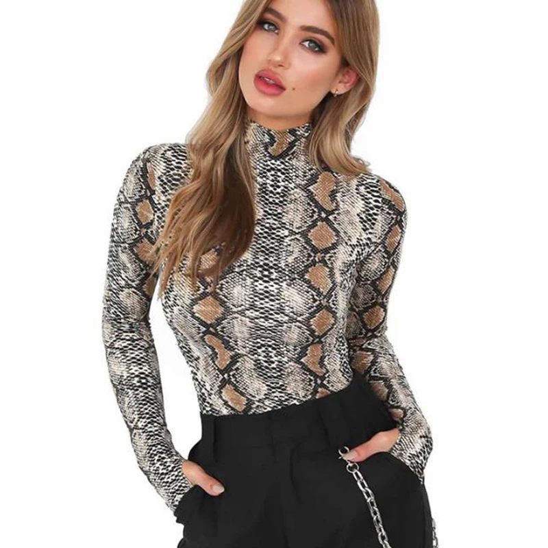 Turtleneck Snake Skin Turtleneck Long Sleeve Bodysuit Sexy Bodycon