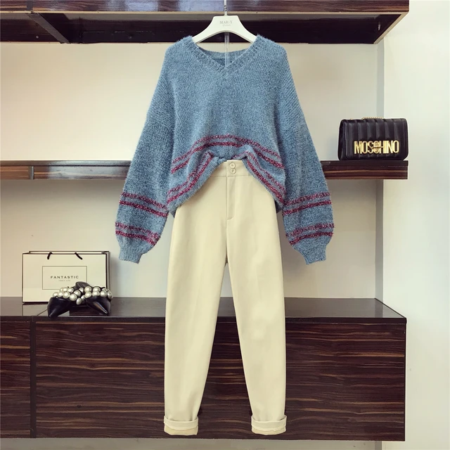 Cheap 2018 New Fashion V Collar Lantern Sleeve Sweater + Woolen High Waist Thickened Turnip Trousers Two-piece Suit Ladies Pants Set