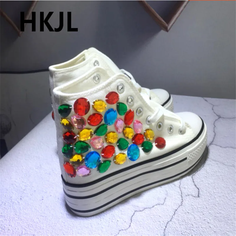 

Outdoor soft bottom wear spring new original design color acrylic drill increased rhinestone high canvas shoes