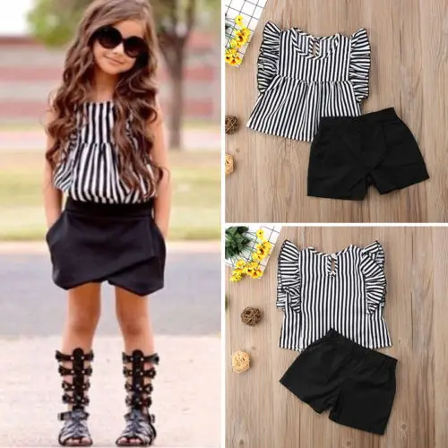 

Toddler Kids Baby Girl clothes Striped Tops Blouse+ Shorts Summer Outfit Clothes set 1-5y