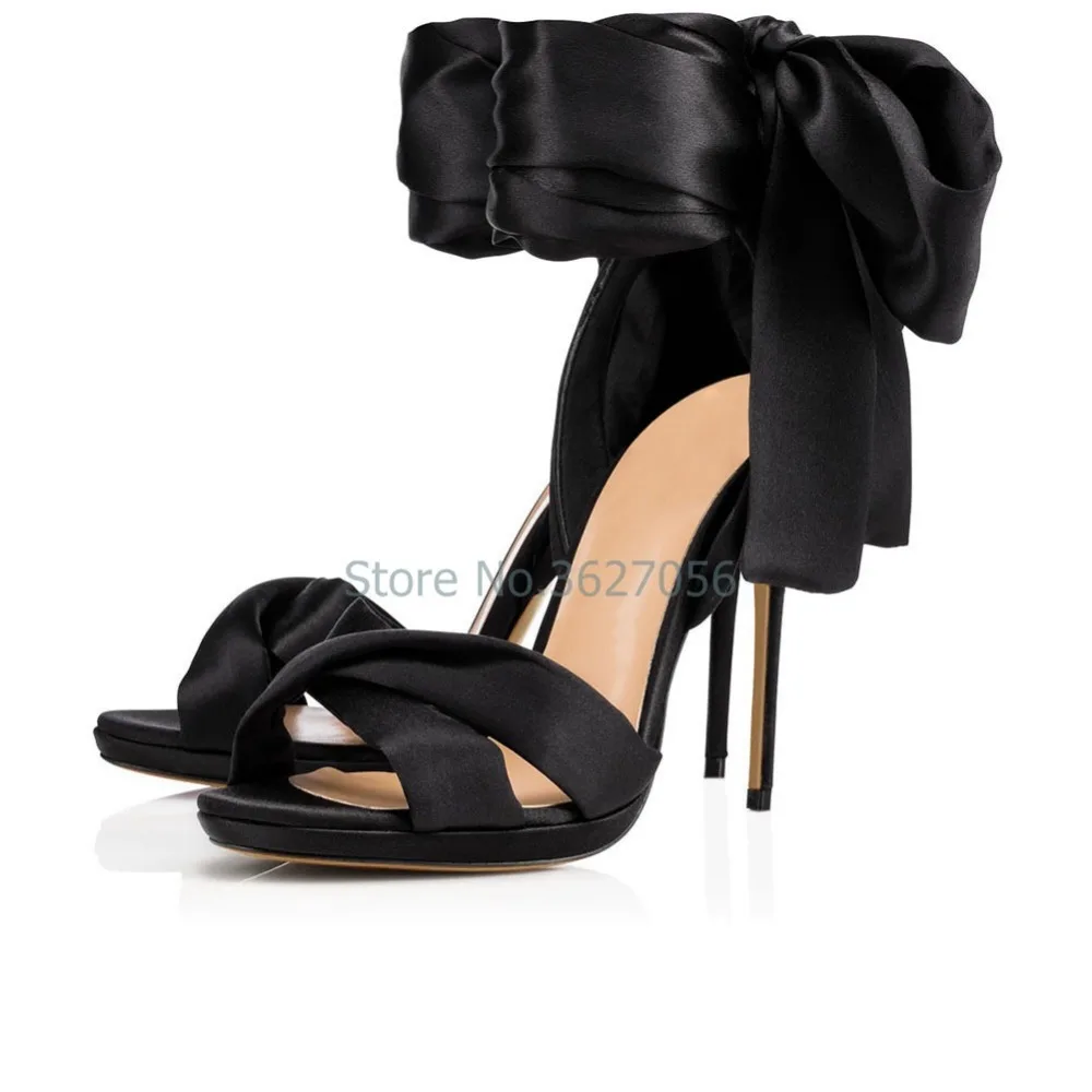 

Silk Cross-tied Red Black Thin High Heel Shoes Lace-up Butterfly-knot Concise Elegant Basic Party Sandal