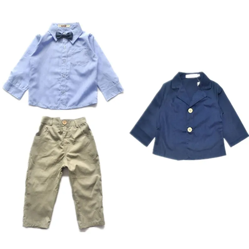 

free shipping wholesale newest autumn gentleman fashion bow tie full striped shirt coat trousers 3pc Set boys clothing sets