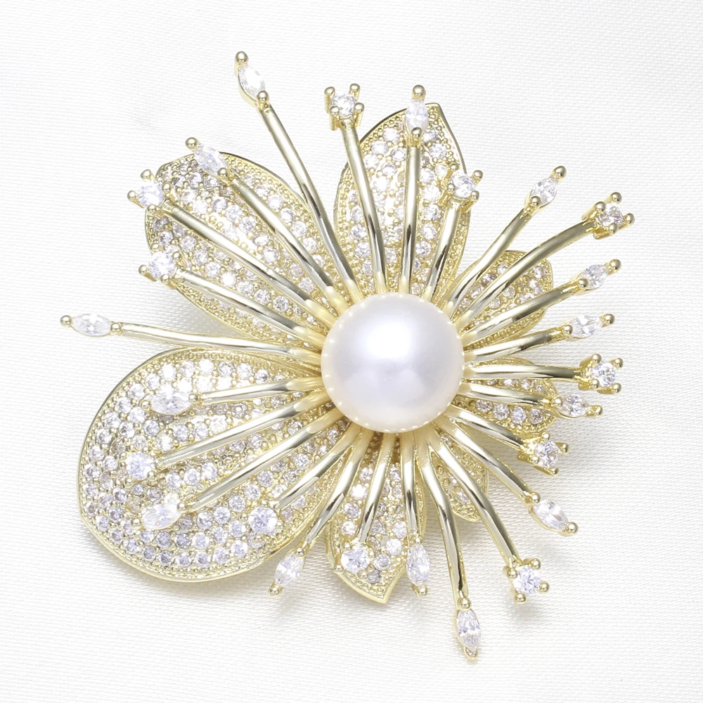 Gold-color Cubic Zircon CZ Rhinestone Brooch Women Wedding Bridal Jewelry 100% Natural Pearl Flower Brooches Butterfly Gifts Gold-color Cubic Zircon CZ Rhinestone Brooch Women Wedding Bridal Jewelry 100% Natural Pearl Flower Brooches Butterfly Gifts
