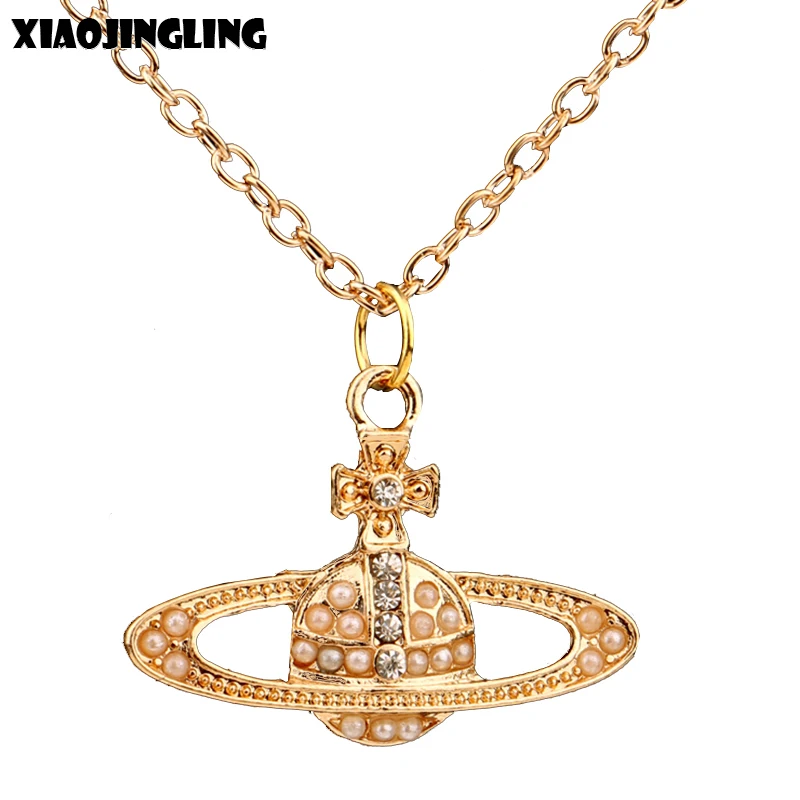 

XIAOJINGLING Long Necklace Gold Crystal Pearl Saturn Necklaces & Pendants Sweater Chain Necklace For Women Jewelry Party Gifts