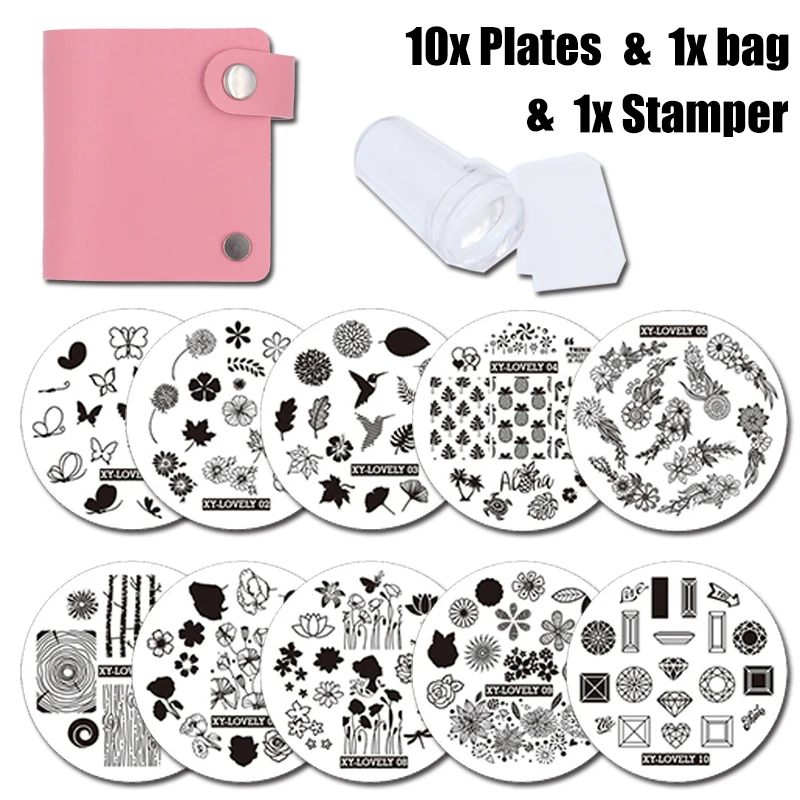 

Nail Stamping Plates Set 10pcs Nail Art Plates 1stamper 1scraper 1storage bag Silicon Nail plate Template Image Plate Stencil